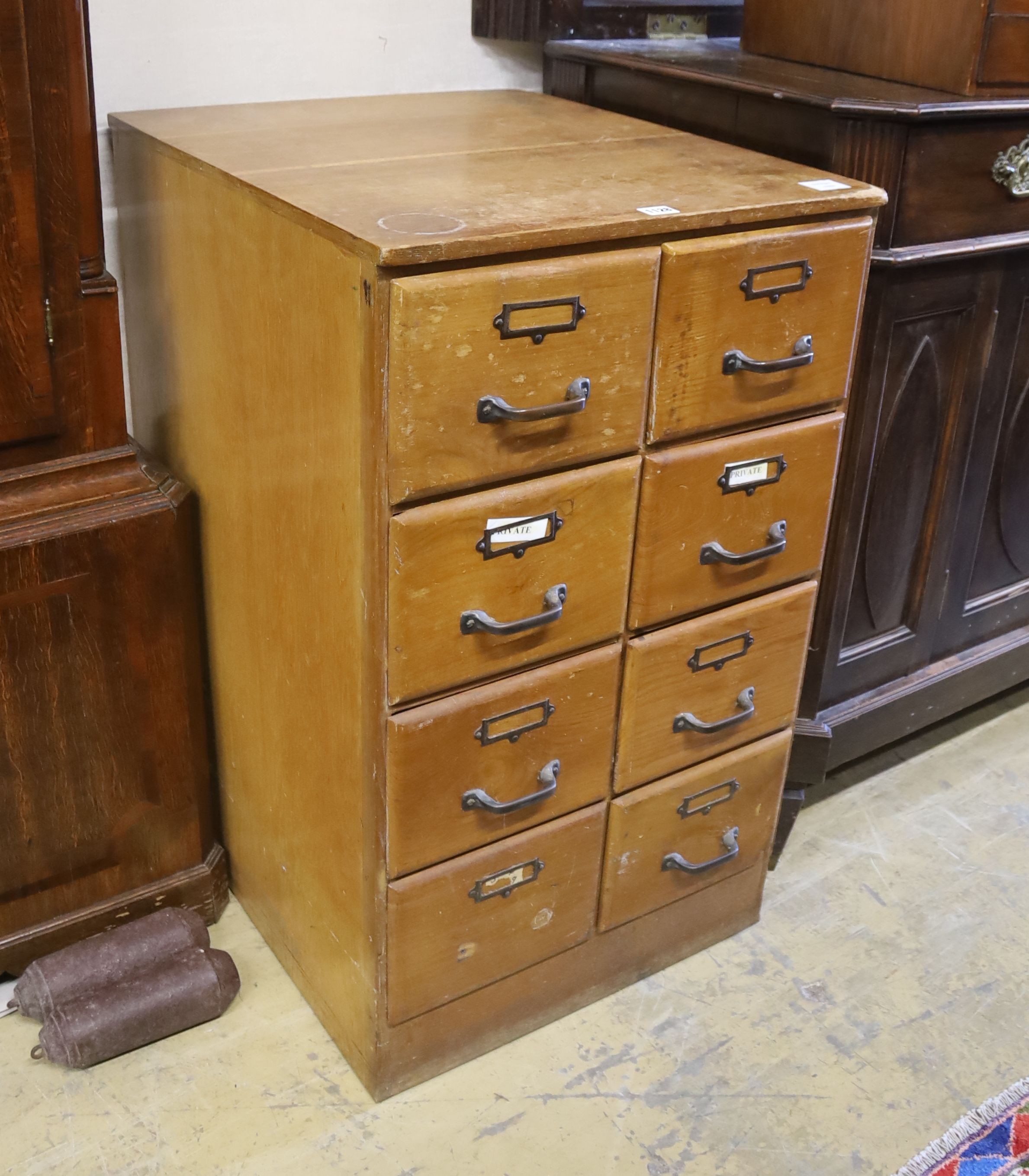 An early 20th century oak eight drawer small filing chest, width 54cm, depth 63cm, height 92cm